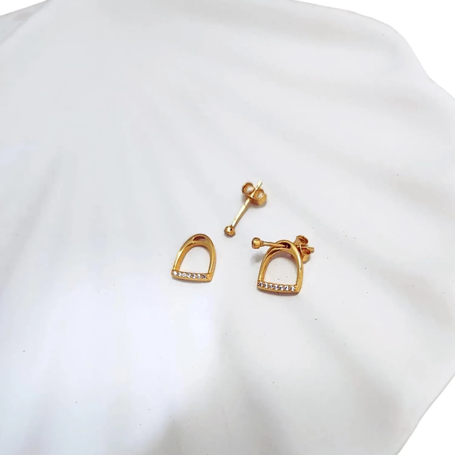 925 Sterling Silver Stirrup & Horsebit Stud Earrings with Diamond-shine CZ options, Polished Gold or Silver Finish. Elegant Horse Earrings