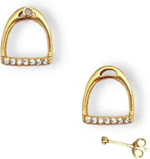 925 Sterling Silver Stirrup & Horsebit Stud Earrings with Diamond-shine CZ options, Polished Gold or Silver Finish. Elegant Horse Earrings