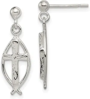925 Sterling Silver Textured Polished Post Artisan Oxidized Ichthus Animal Sealife Fish Religious Faith Cross Earrings 26x9mm Wide Stud Earring for Women