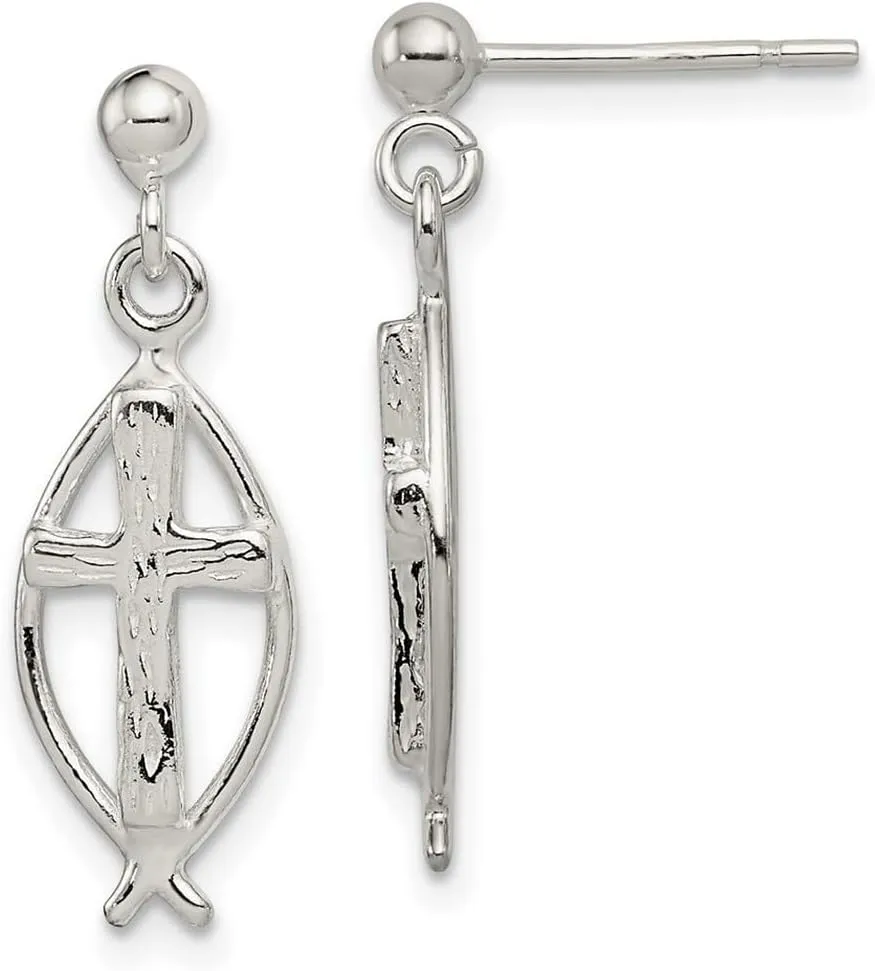 925 Sterling Silver Textured Polished Post Artisan Oxidized Ichthus Animal Sealife Fish Religious Faith Cross Earrings 26x9mm Wide Stud Earring for Women