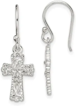 925 Sterling Silver Textured Polished Shepherd hook Religious Faith Cross Earrings 30x11mm Wide Dangle Earring for Women