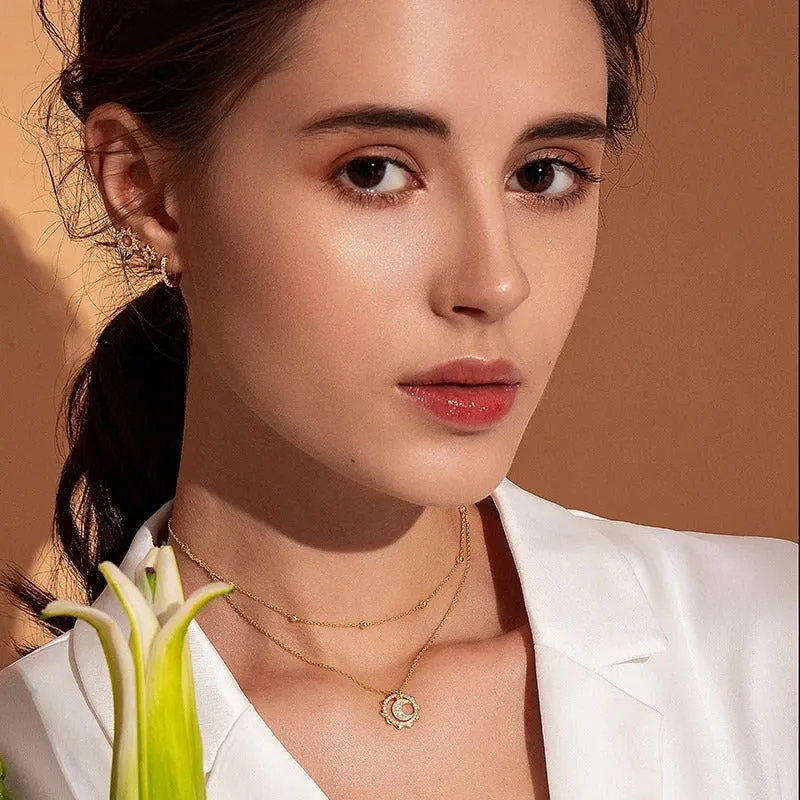 925 Sterling Silver Vintage Gold Sun and Moon Double Layers Choker Necklaces Pendant for Women Silver Fine Jewelry