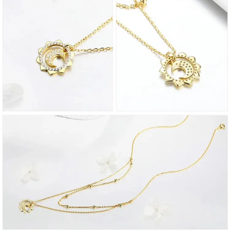 925 Sterling Silver Vintage Gold Sun and Moon Double Layers Choker Necklaces Pendant for Women Silver Fine Jewelry