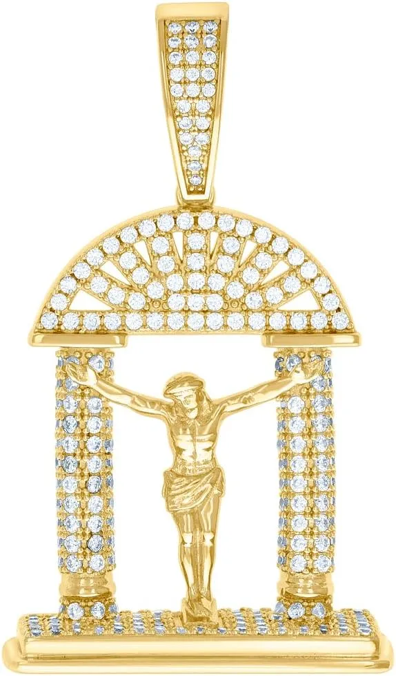 925 Sterling Silver Yellow tone CZ Jesus Religious Pendant Necklace Charm 47.9x21mm Wide-Pendant for Women