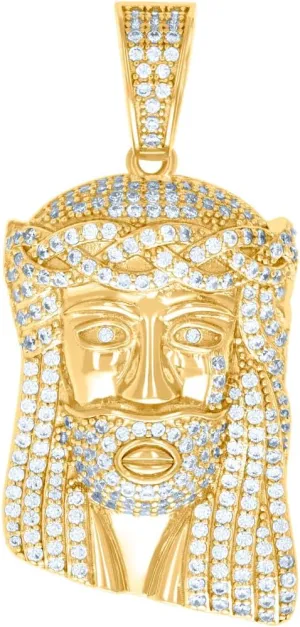 925 Sterling Silver Yellow tone Unisex CZ Cubic Zirconia Simulated Diamond Jesus Religious Charm Pendant Necklace 46.1x21.6mm Wide - Jewelry Gift for Mom