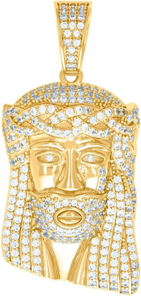 925 Sterling Silver Yellow tone Unisex CZ Cubic Zirconia Simulated Diamond Jesus Religious Charm Pendant Necklace 46.1x21.6mm Wide - Jewelry Gift for Mom