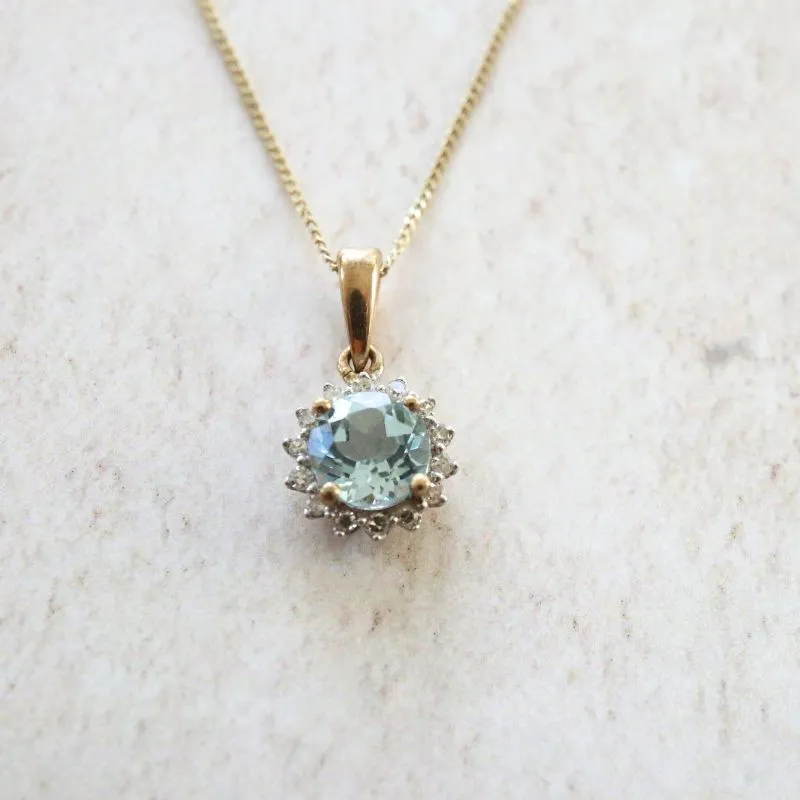 9ct Gold Aqua and Diamond Cluster Pendant