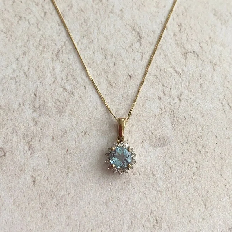 9ct Gold Aqua and Diamond Cluster Pendant
