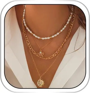 Abien Layered Gold Necklace for Women Trendy Pearl Choker Boho Sun Pendant Necklace Chain Boho Jewelry for Women