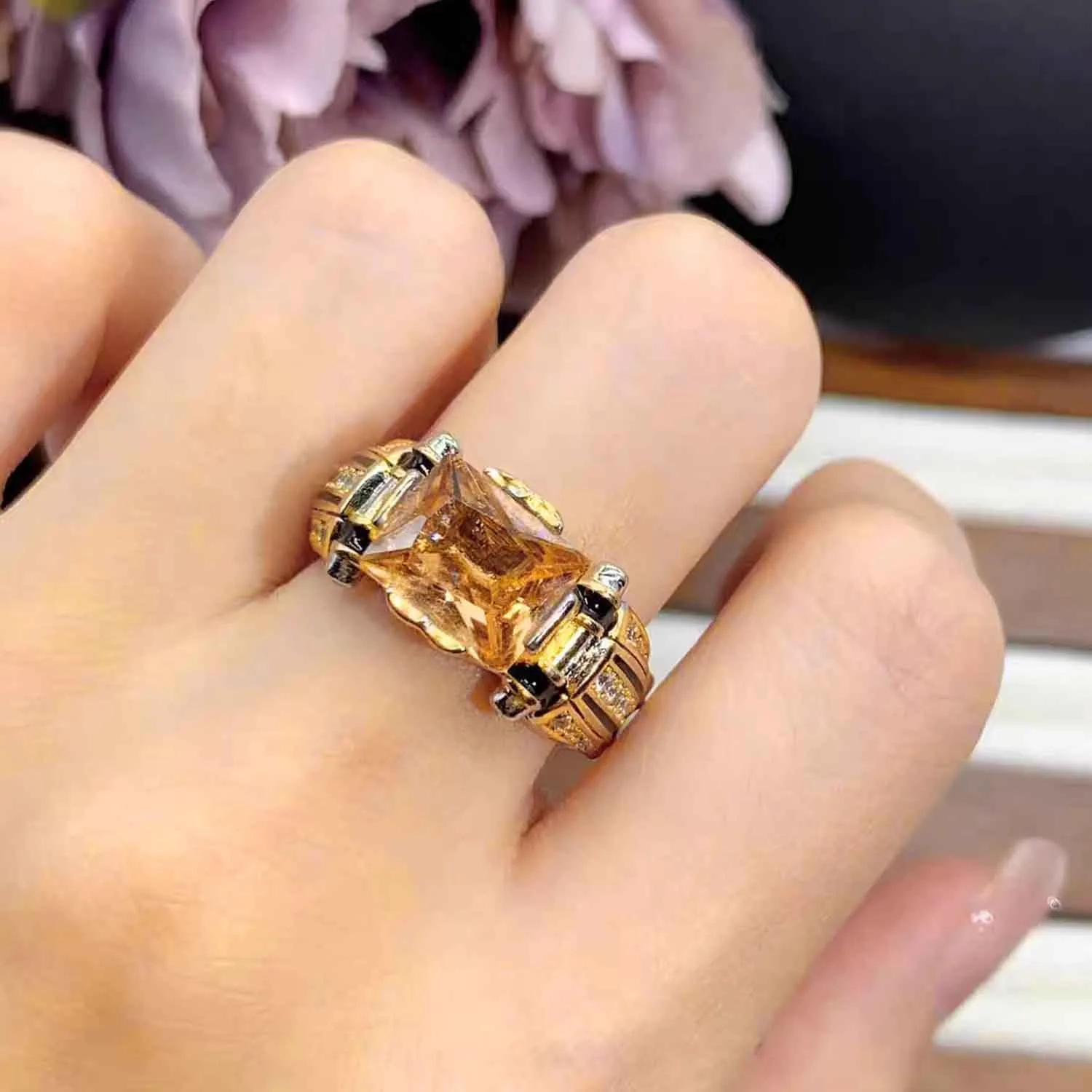 ABJFJE Rectangle Champagne Cubic Zirconia Statement Rings Geometry Crystal Cocktail Stacking Ring Fashion Jewelry Great for Men Boy Gift
