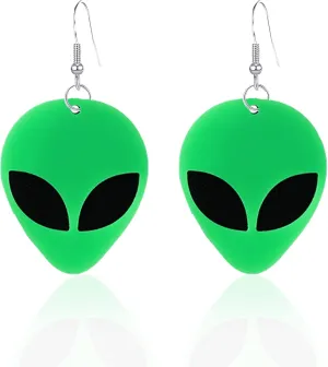 Acrylic Punk Green Alien Face Dangle Earrings Big Eye Space Aliens Statement Drop Stainless Steel Rave Earrings
