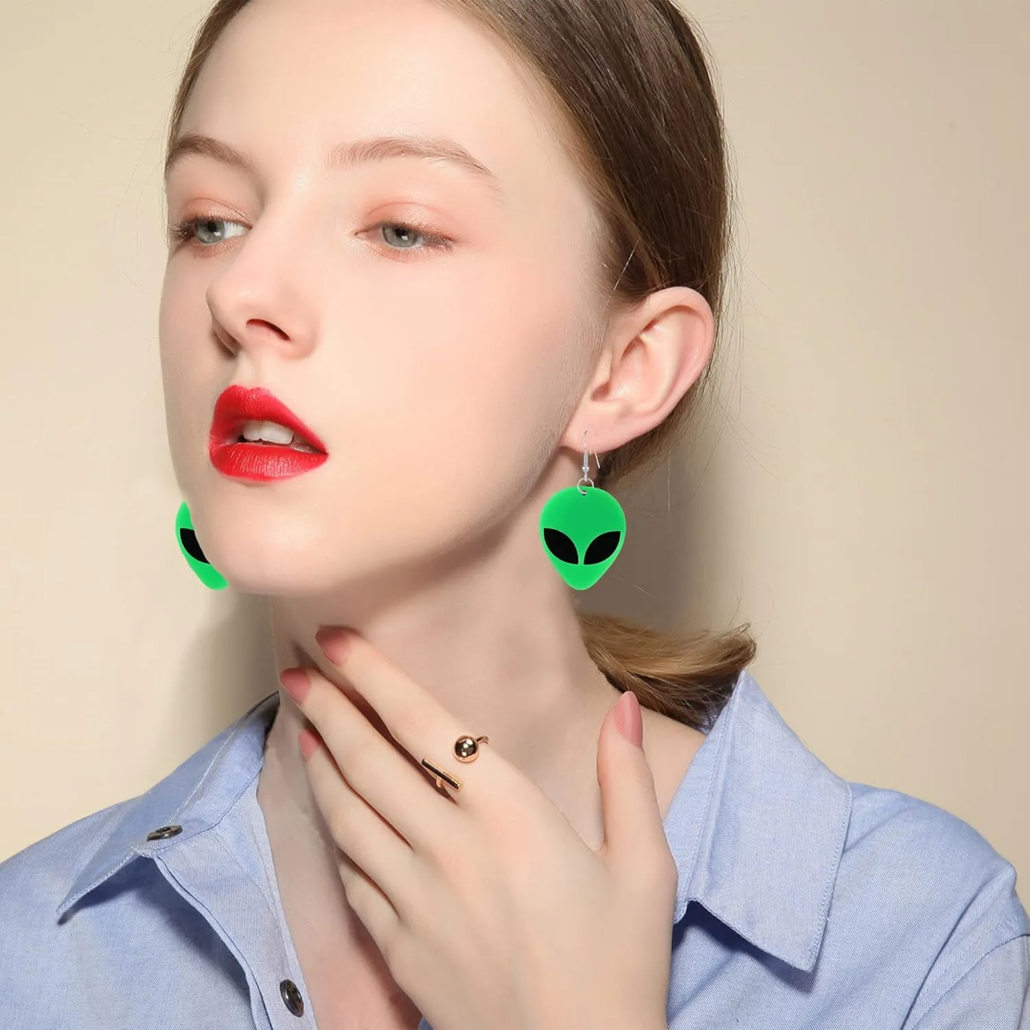 Acrylic Punk Green Alien Face Dangle Earrings Big Eye Space Aliens Statement Drop Stainless Steel Rave Earrings