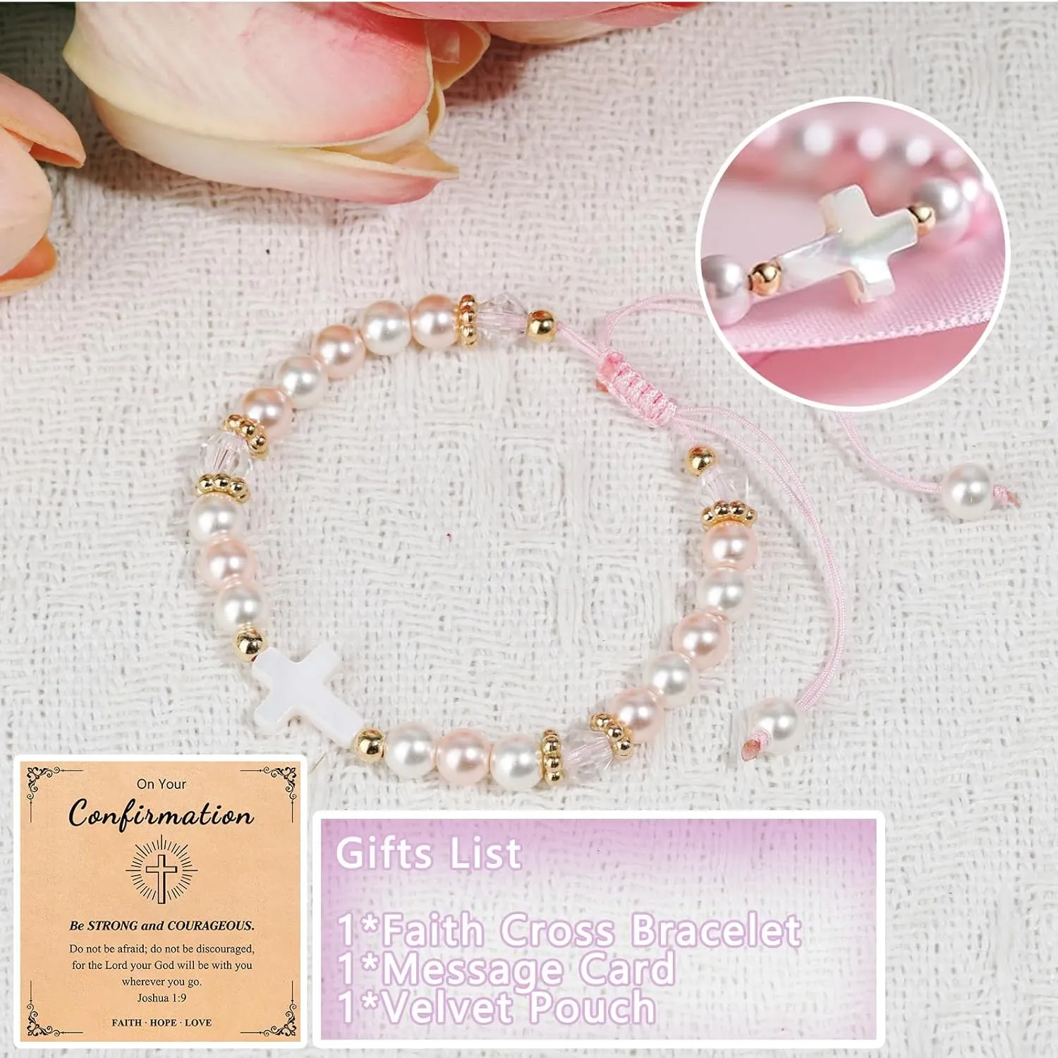 Adjustable Pink Pearl Cross Bracelet Baptism Confirmation First Communion Religious Gifts for Girls, Daughter, Granddaughter, Niece