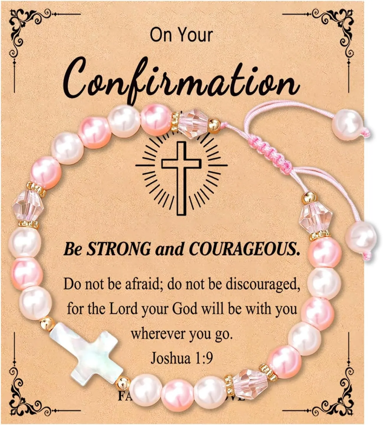 Adjustable Pink Pearl Cross Bracelet Baptism Confirmation First Communion Religious Gifts for Girls, Daughter, Granddaughter, Niece