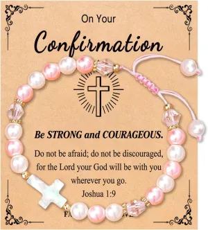 Adjustable Pink Pearl Cross Bracelet Baptism Confirmation First Communion Religious Gifts for Girls, Daughter, Granddaughter, Niece