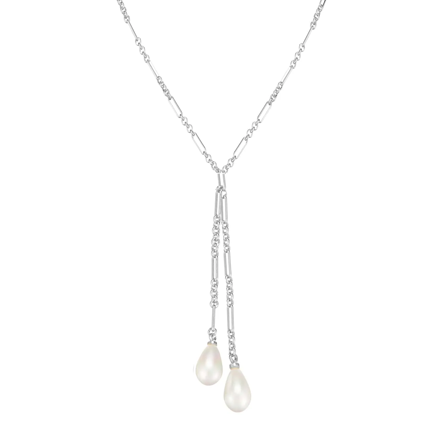 Adorned Pearl Lariat Necklace in Silver