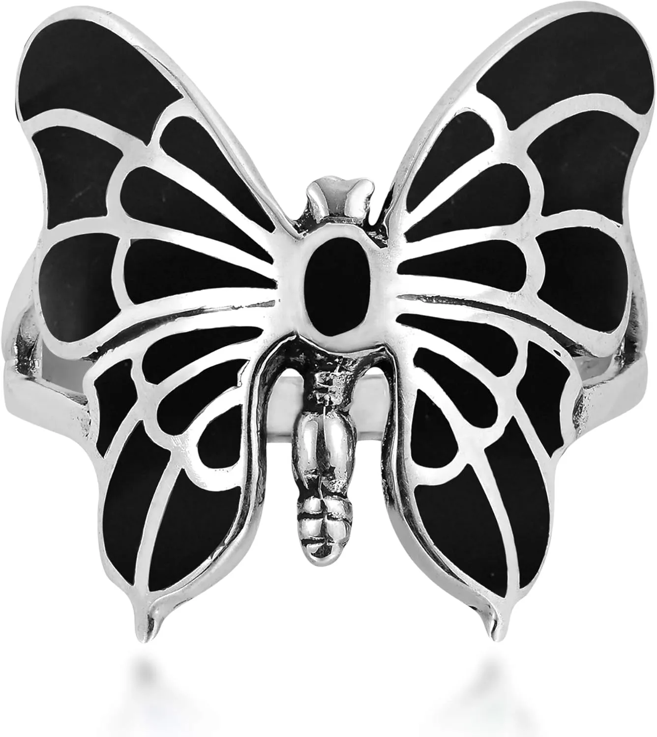 AeraVida Exotic Graceful Butterfly Simulated Black Onyx Inlay .925 Sterling Silver Ring | Cute Wedding Rings For Women | Casual e Comfort Fit Silver Rings for Women | Gift for Daughter | Sterling Silver Rings Sizes (6-11)