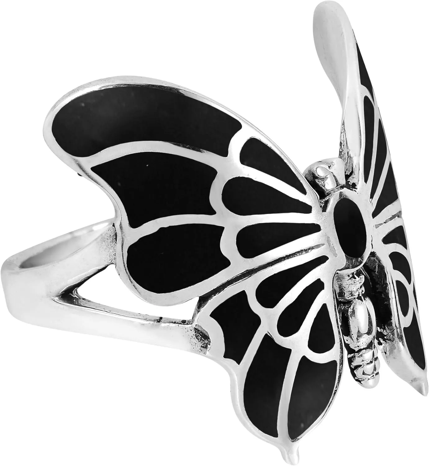 AeraVida Exotic Graceful Butterfly Simulated Black Onyx Inlay .925 Sterling Silver Ring | Cute Wedding Rings For Women | Casual e Comfort Fit Silver Rings for Women | Gift for Daughter | Sterling Silver Rings Sizes (6-11)
