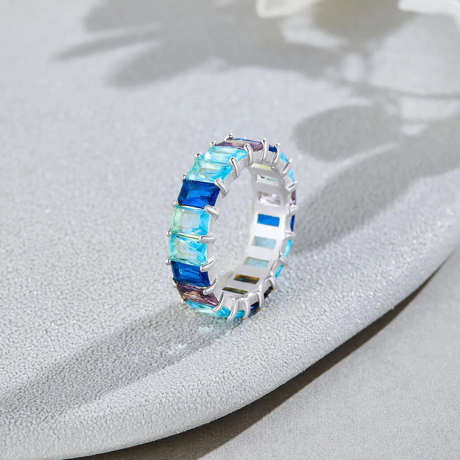 AFFY Eternity Rainbow Ring 18K Gold Plated Emerald-Cut Multi Color AAA Created-Gemstone Rainbow Ring, Stackable Ring, Wedding Band for Women, Gift For Her