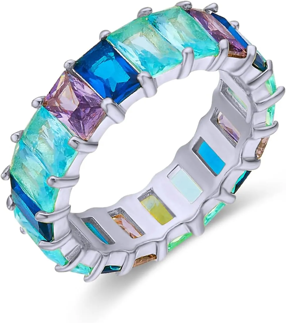 AFFY Eternity Rainbow Ring 18K Gold Plated Emerald-Cut Multi Color AAA Created-Gemstone Rainbow Ring, Stackable Ring, Wedding Band for Women, Gift For Her