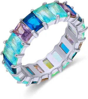 AFFY Eternity Rainbow Ring 18K Gold Plated Emerald-Cut Multi Color AAA Created-Gemstone Rainbow Ring, Stackable Ring, Wedding Band for Women, Gift For Her