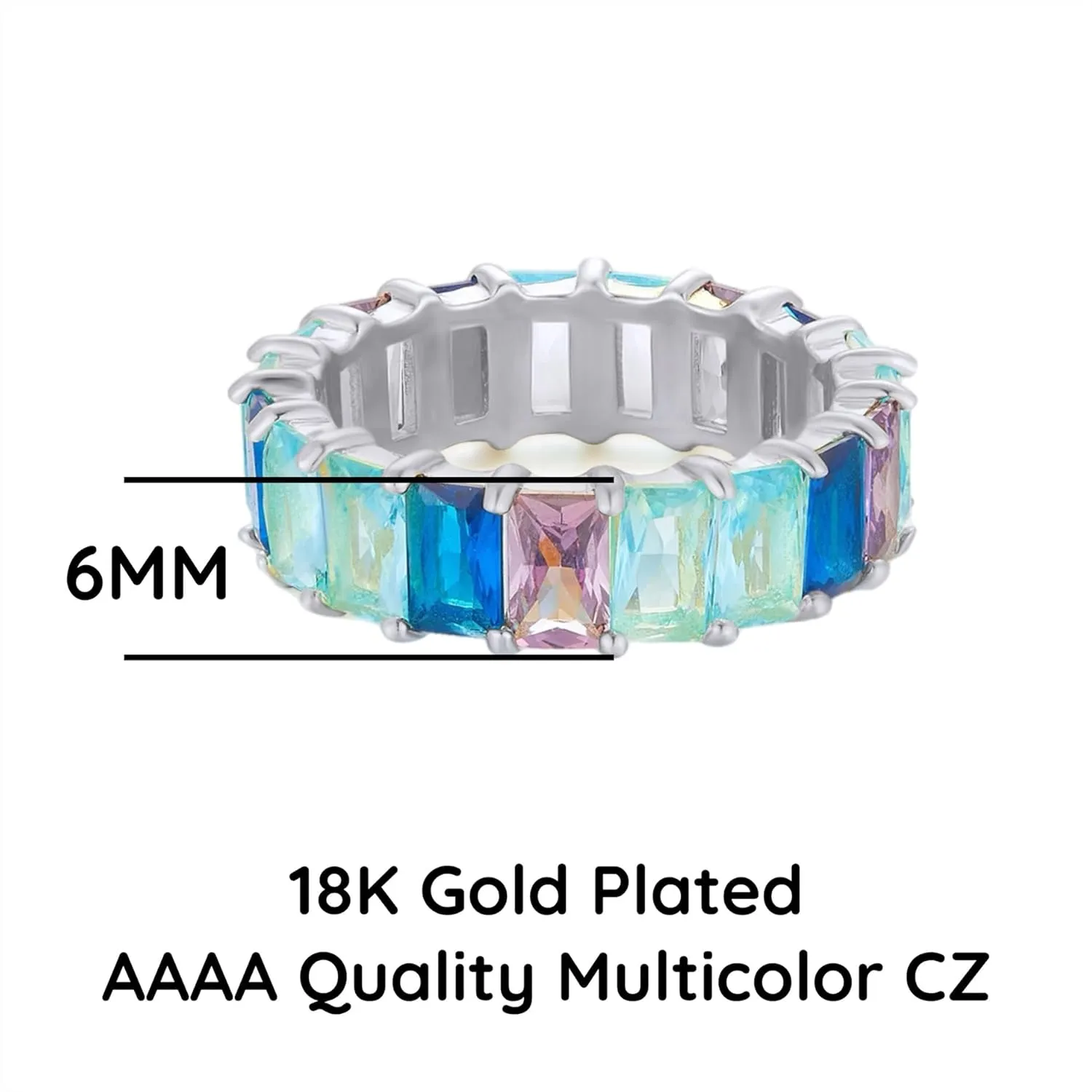 AFFY Eternity Rainbow Ring 18K Gold Plated Emerald-Cut Multi Color AAA Created-Gemstone Rainbow Ring, Stackable Ring, Wedding Band for Women, Gift For Her