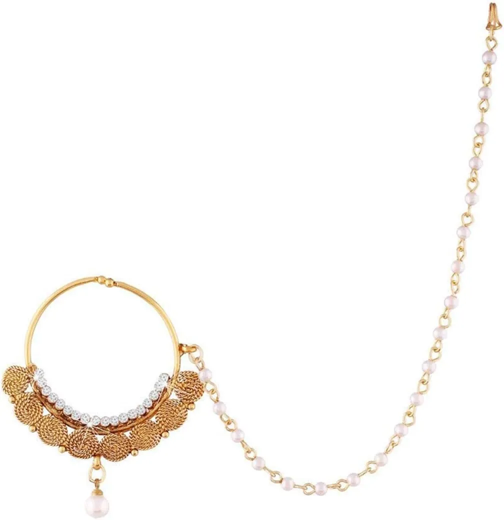 Aheli Wedding Party Pearl Nose Ring Nath with Pearl Chain Traditional Indian Jewelry Gift for Women