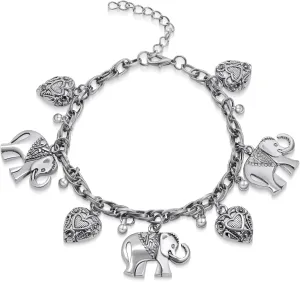 AILUOR Vintage Elephant Heart Bracelet, Bohemian Love Heart Elephant Animal Tassel Anklet Bracelets Charming Jewelry for Women Christmas Gifts