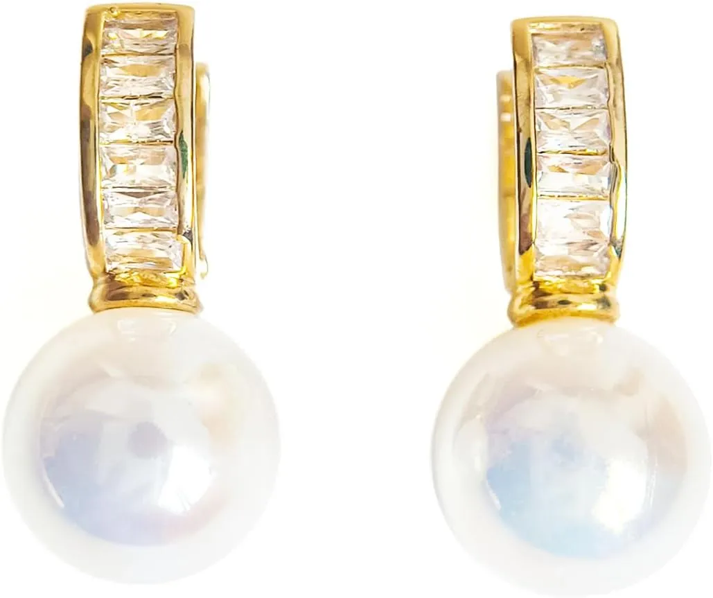 alloy simulated shell pearl earrings 14K gold plated alloy 14mm pearl dangle-earrings for women
