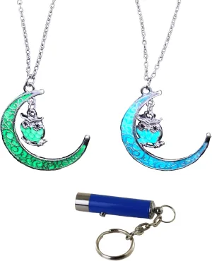 AlterImage Crescent Moon Owl Glow In The Dark Necklaces Set of 2 Luminous Jewelry Green & Sky Blue Includes UV Light
