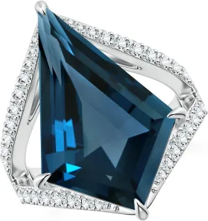 Angara Natural GIA Certified Kite-Shaped Step-Cut 12.33 ct London Blue Topaz Halo Split Shank Ring in 14K Solid Gold/Platinum for Women | November Birthstone Jewelry for Women