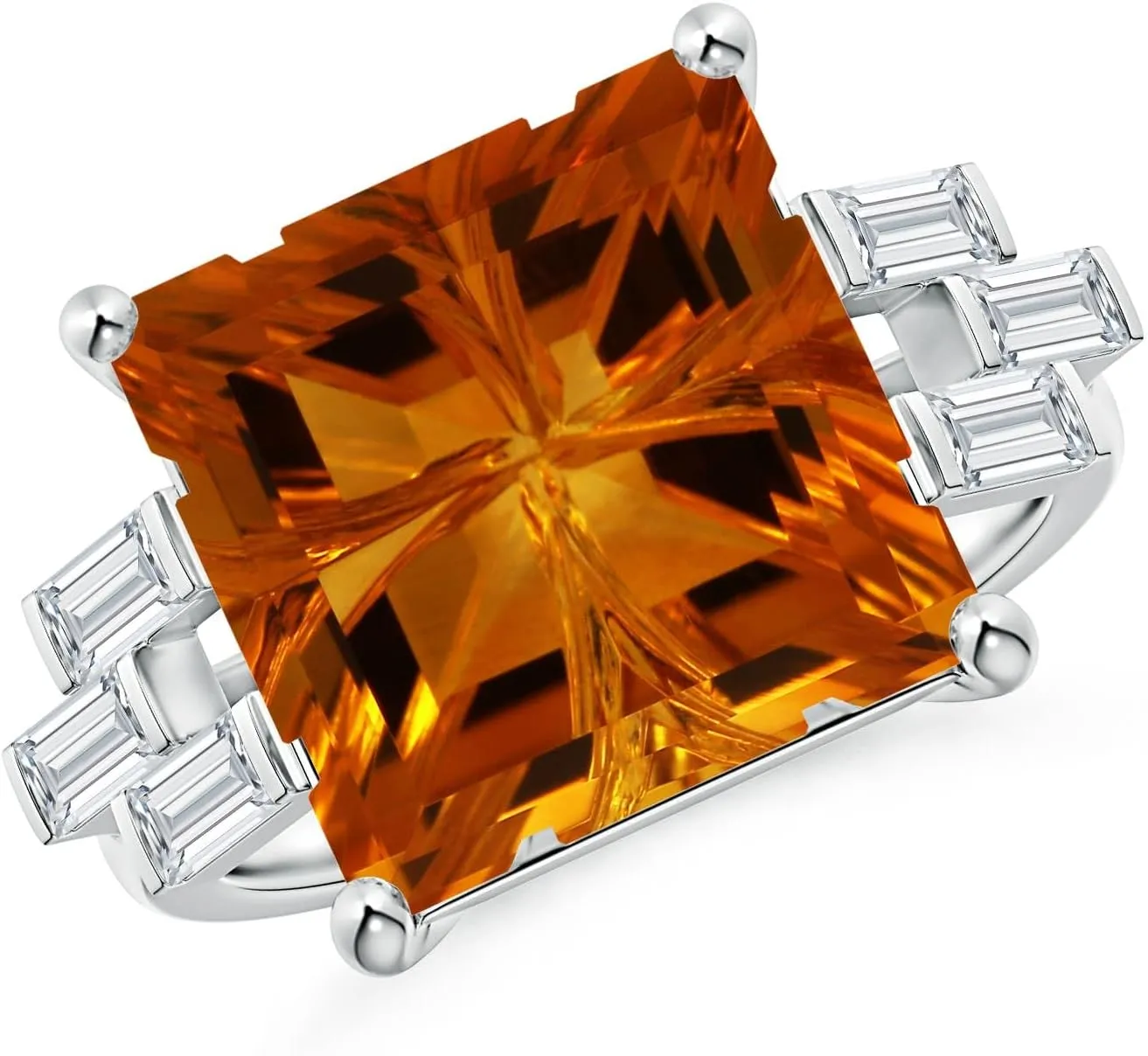 Angara Natural GIA Certified Square 7.69 ct Citrine & Baguette Diamond Rectangle Link Ring in 14K Solid Gold/Platinum for Women | November Birthstone Jewelry for Women