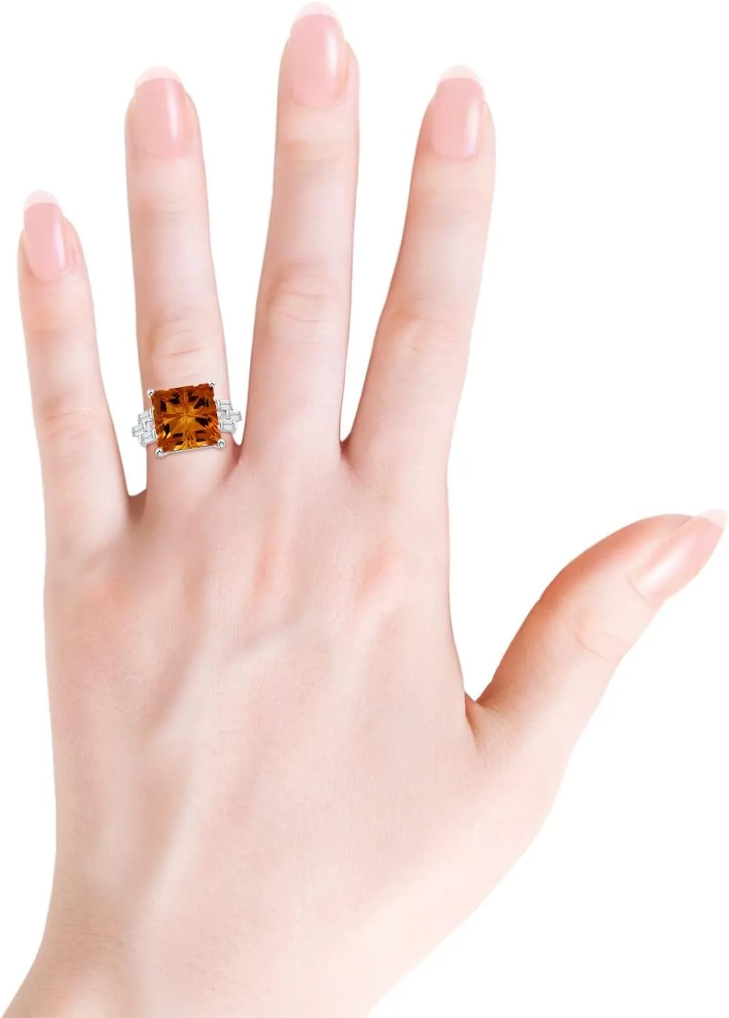 Angara Natural GIA Certified Square 7.69 ct Citrine & Baguette Diamond Rectangle Link Ring in 14K Solid Gold/Platinum for Women | November Birthstone Jewelry for Women