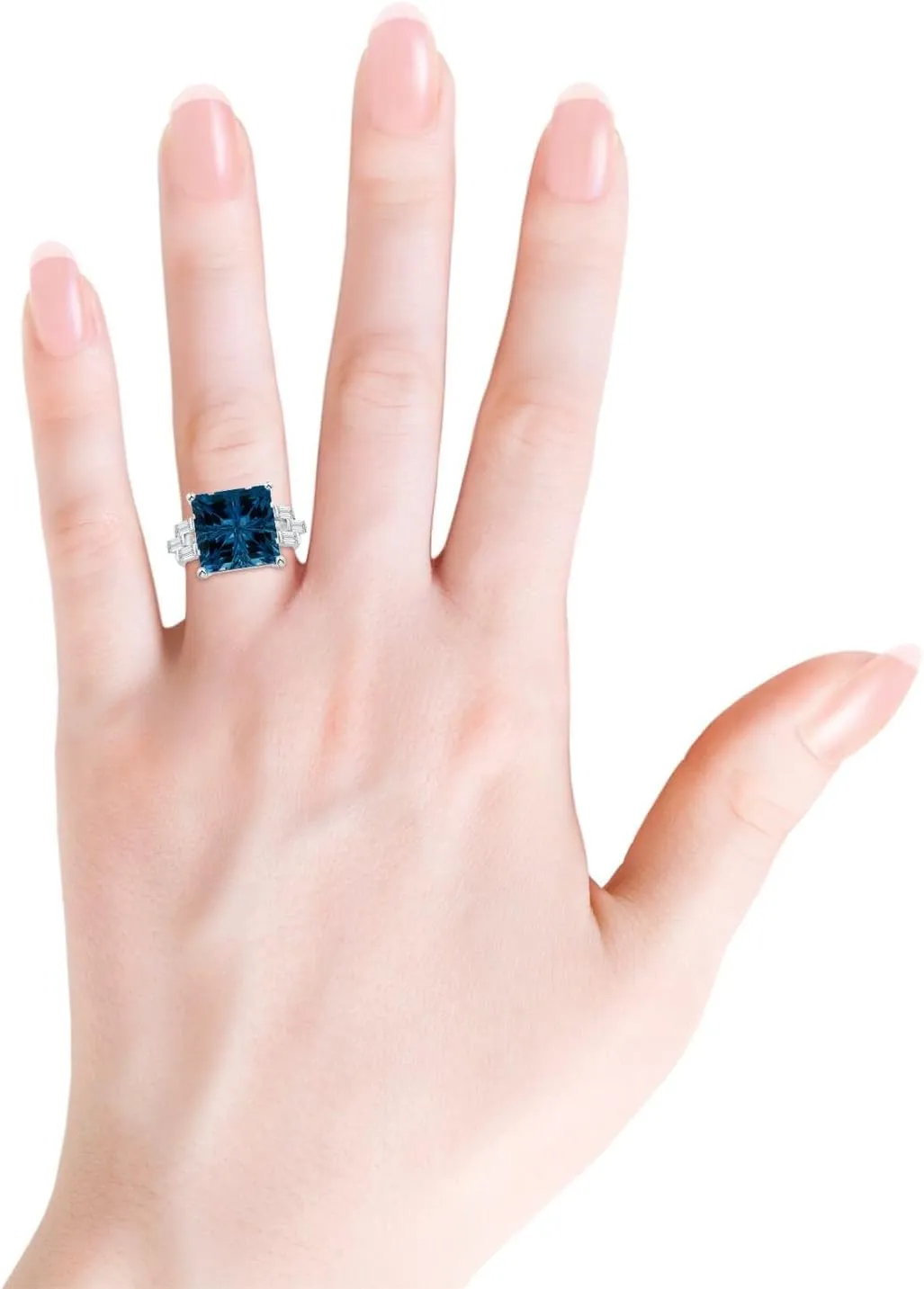 Angara Natural GIA Certified Square 9.37 ct London Blue Topaz & Baguette Diamond Rectangle Link Ring in 14K Solid Gold/Platinum for Women | November Birthstone Jewelry for Women