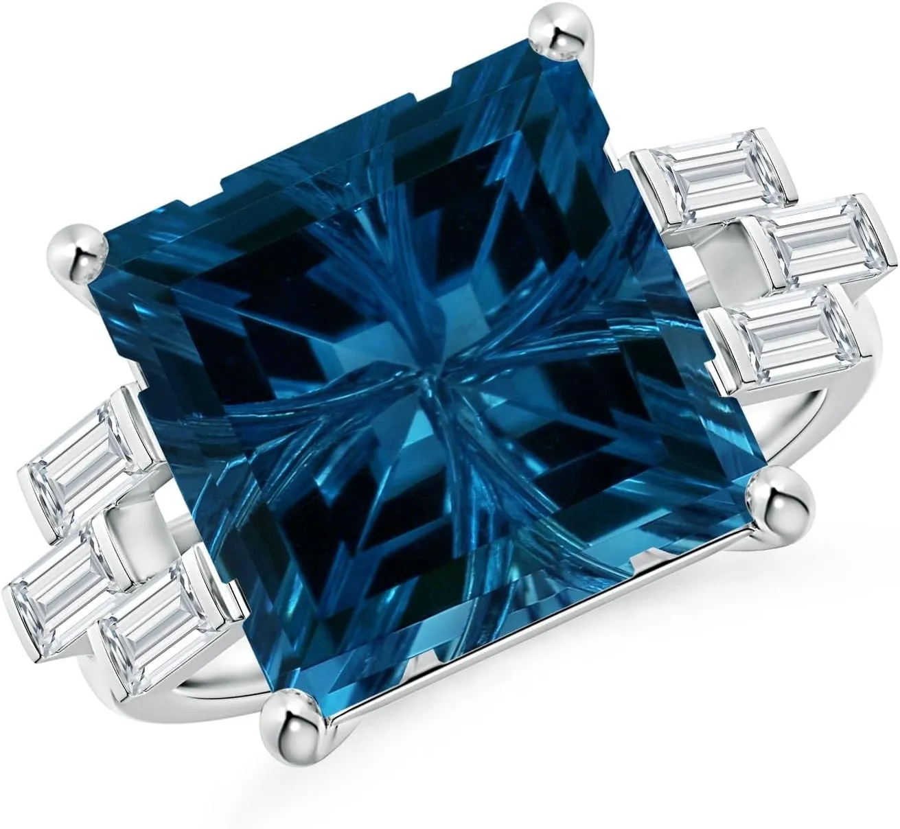 Angara Natural GIA Certified Square 9.37 ct London Blue Topaz & Baguette Diamond Rectangle Link Ring in 14K Solid Gold/Platinum for Women | November Birthstone Jewelry for Women