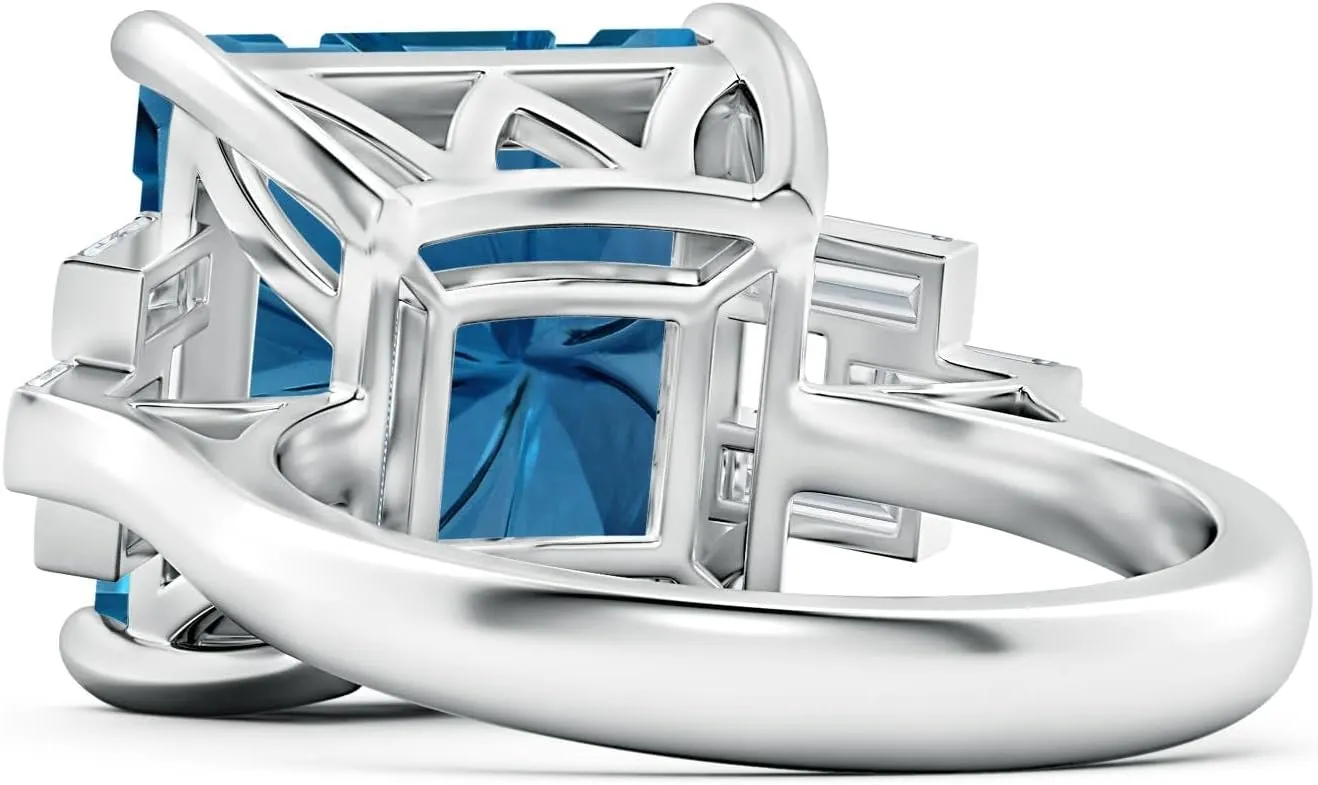 Angara Natural GIA Certified Square 9.37 ct London Blue Topaz & Baguette Diamond Rectangle Link Ring in 14K Solid Gold/Platinum for Women | November Birthstone Jewelry for Women