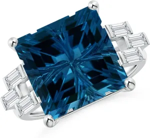 Angara Natural GIA Certified Square 9.37 ct London Blue Topaz & Baguette Diamond Rectangle Link Ring in 14K Solid Gold/Platinum for Women | November Birthstone Jewelry for Women