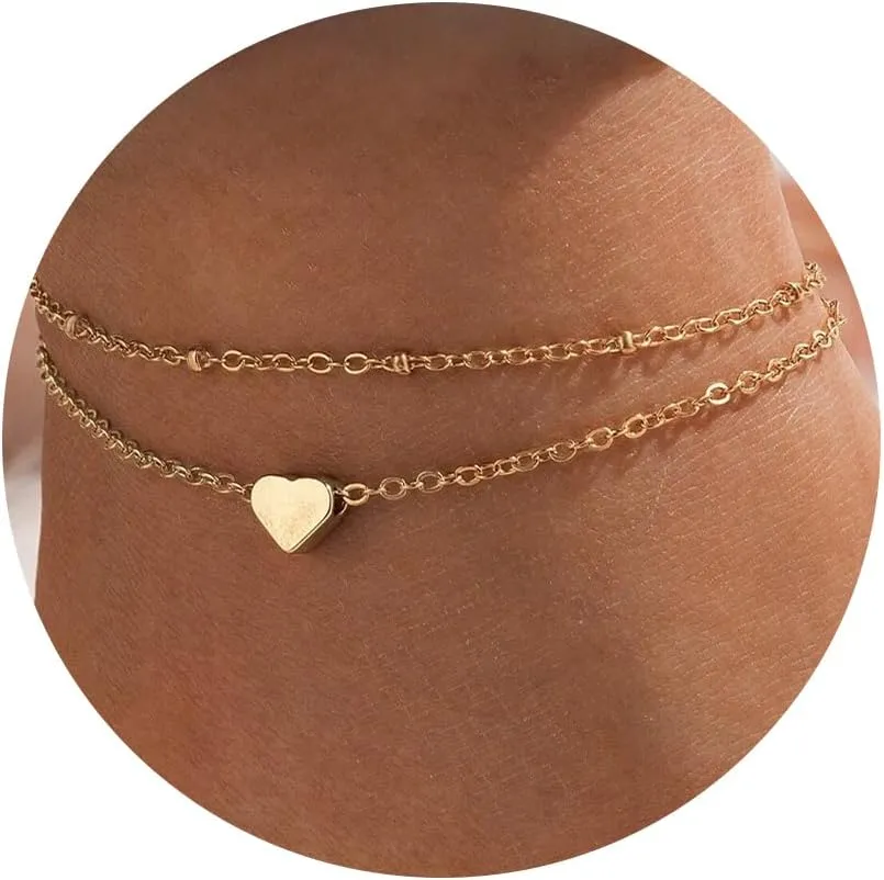 Ankle Bracelets for Women-14k Gold Plated Evil Eyes Heart Cuban Link Layered Anklet Bracelet for Women 8.2 2 Inch