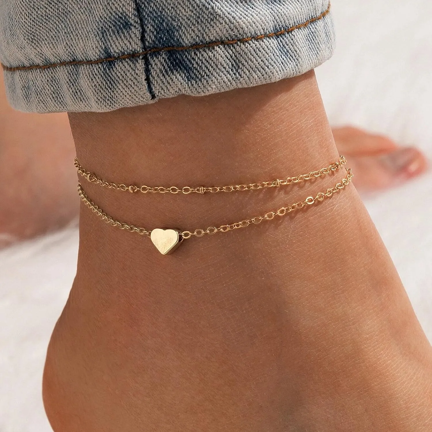 Ankle Bracelets for Women-14k Gold Plated Evil Eyes Heart Cuban Link Layered Anklet Bracelet for Women 8.2 2 Inch