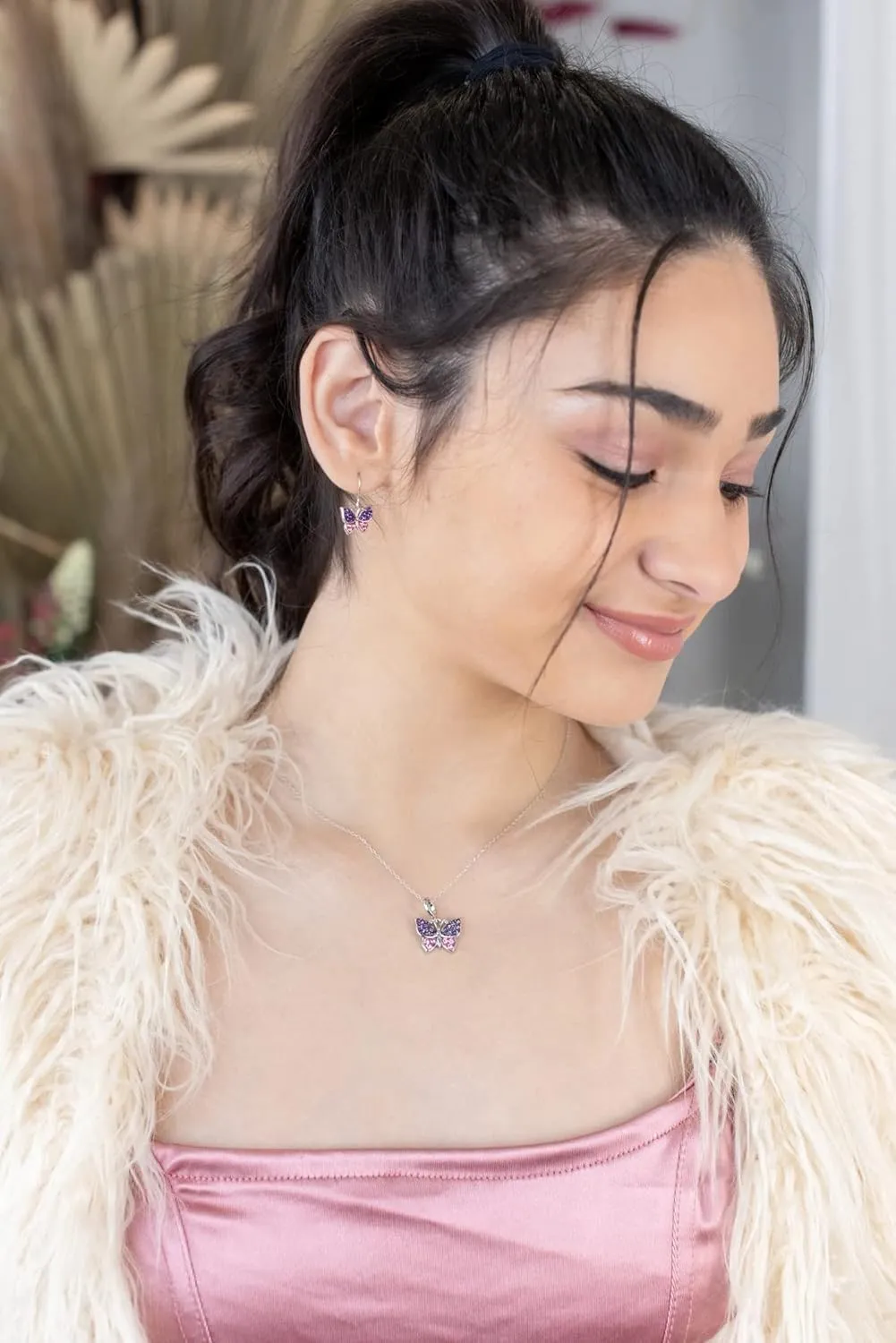 Annie & Sisters Sapphire Blue Butterfly Crystal Sterling Silver Necklace with an Elegant Jewelry Box Gift for You or Your Loved Ones  Gift for Mothers Day, Christmas, Birthday, Anniversaries 16" 2"