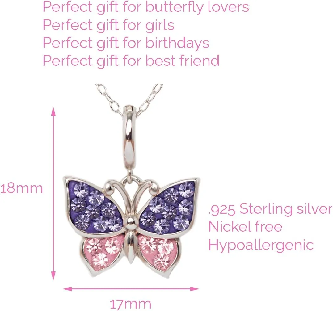 Annie & Sisters Sapphire Blue Butterfly Crystal Sterling Silver Necklace with an Elegant Jewelry Box Gift for You or Your Loved Ones  Gift for Mothers Day, Christmas, Birthday, Anniversaries 16" 2"