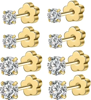 AOEDEJ 4 Pairs Hypoallergenic Cubic Zirconia Earring Studs for Women Gold Silver Cartilage Earrings for Women Ear Piercing for Birthday Gifts