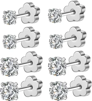 AOEDEJ 4 Pairs Hypoallergenic Cubic Zirconia Earring Studs for Women Gold Silver Cartilage Earrings for Women Ear Piercing for Birthday Gifts