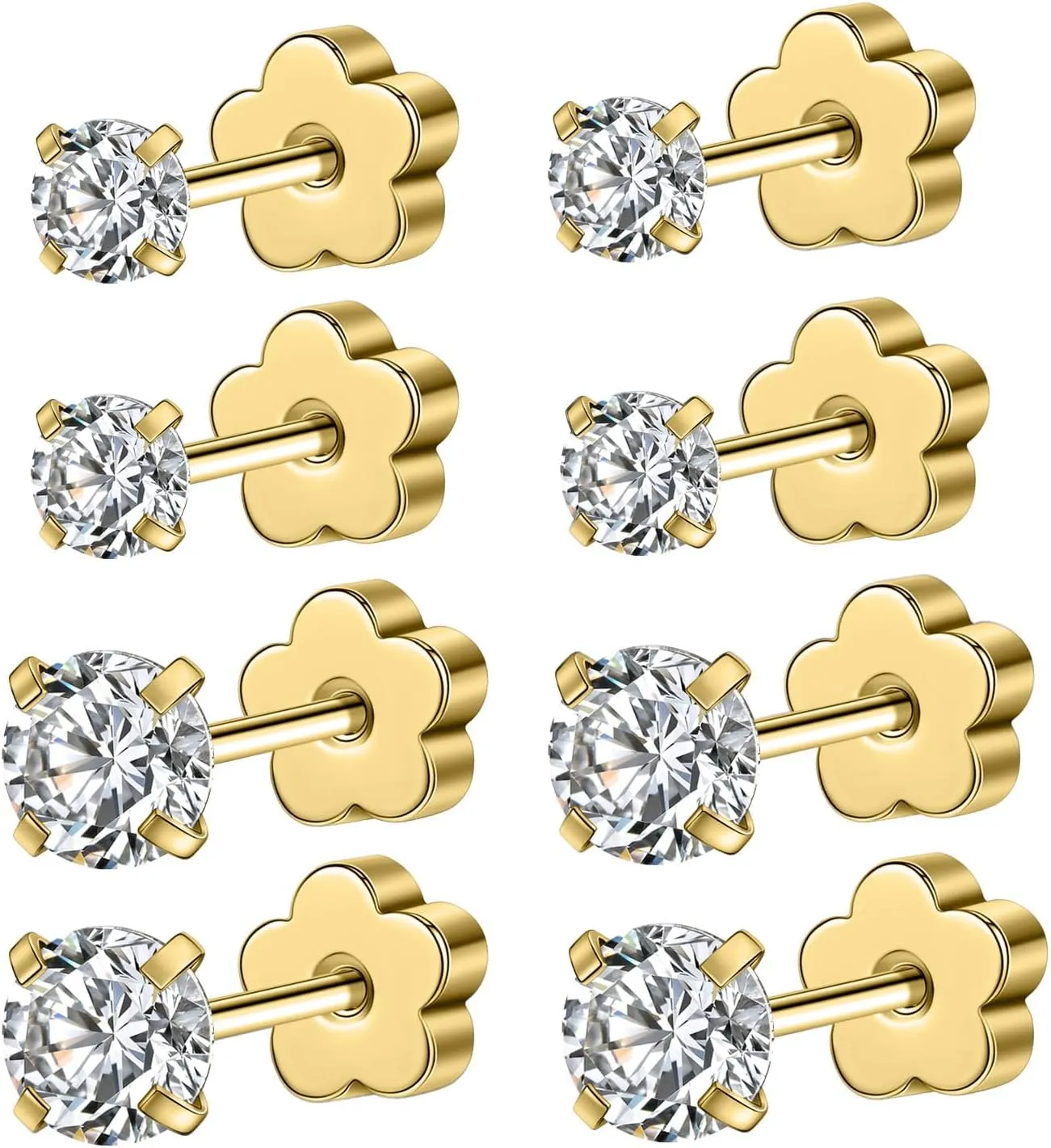 AOEDEJ 4 Pairs Hypoallergenic Cubic Zirconia Earring Studs for Women Gold Silver Cartilage Earrings for Women Ear Piercing for Birthday Gifts