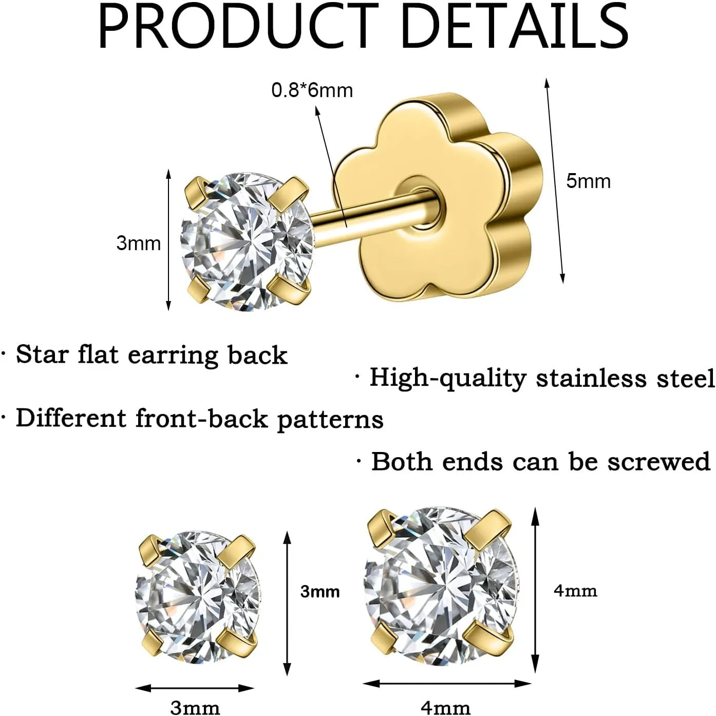 AOEDEJ 4 Pairs Hypoallergenic Cubic Zirconia Earring Studs for Women Gold Silver Cartilage Earrings for Women Ear Piercing for Birthday Gifts