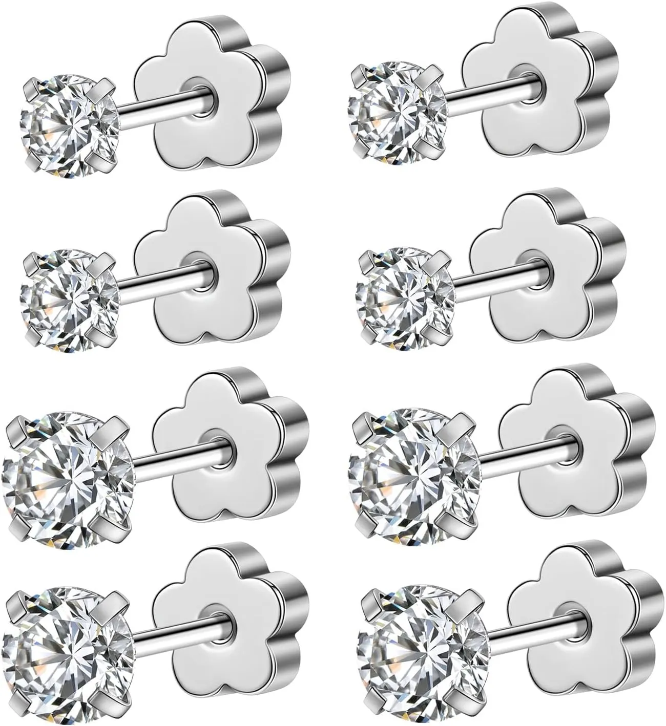 AOEDEJ 4 Pairs Hypoallergenic Cubic Zirconia Earring Studs for Women Gold Silver Cartilage Earrings for Women Ear Piercing for Birthday Gifts