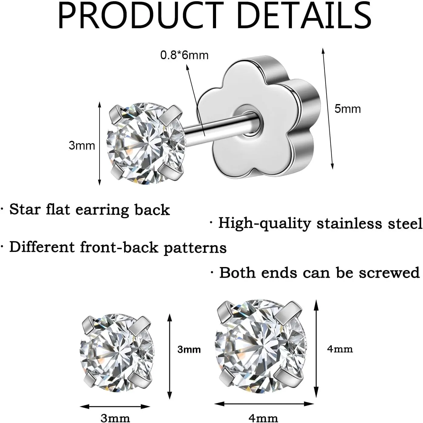 AOEDEJ 4 Pairs Hypoallergenic Cubic Zirconia Earring Studs for Women Gold Silver Cartilage Earrings for Women Ear Piercing for Birthday Gifts