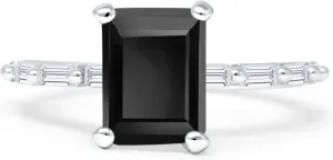 Art Deco Emerald Cut Natural Black Onyx Solitaire Vintage Style Sparkling Baguette Wedding Engagement Ring Solid 925 Sterling Silver