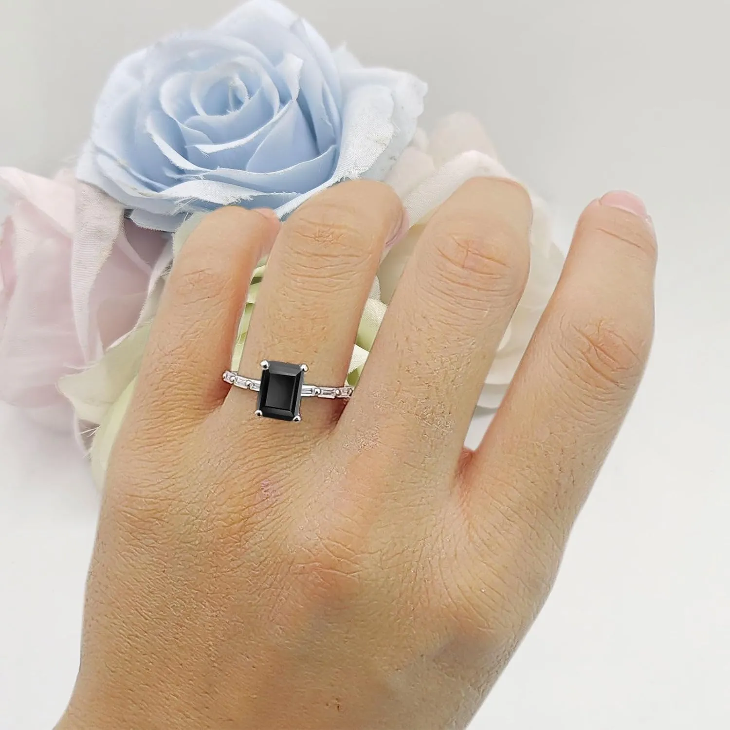 Art Deco Emerald Cut Natural Black Onyx Solitaire Vintage Style Sparkling Baguette Wedding Engagement Ring Solid 925 Sterling Silver