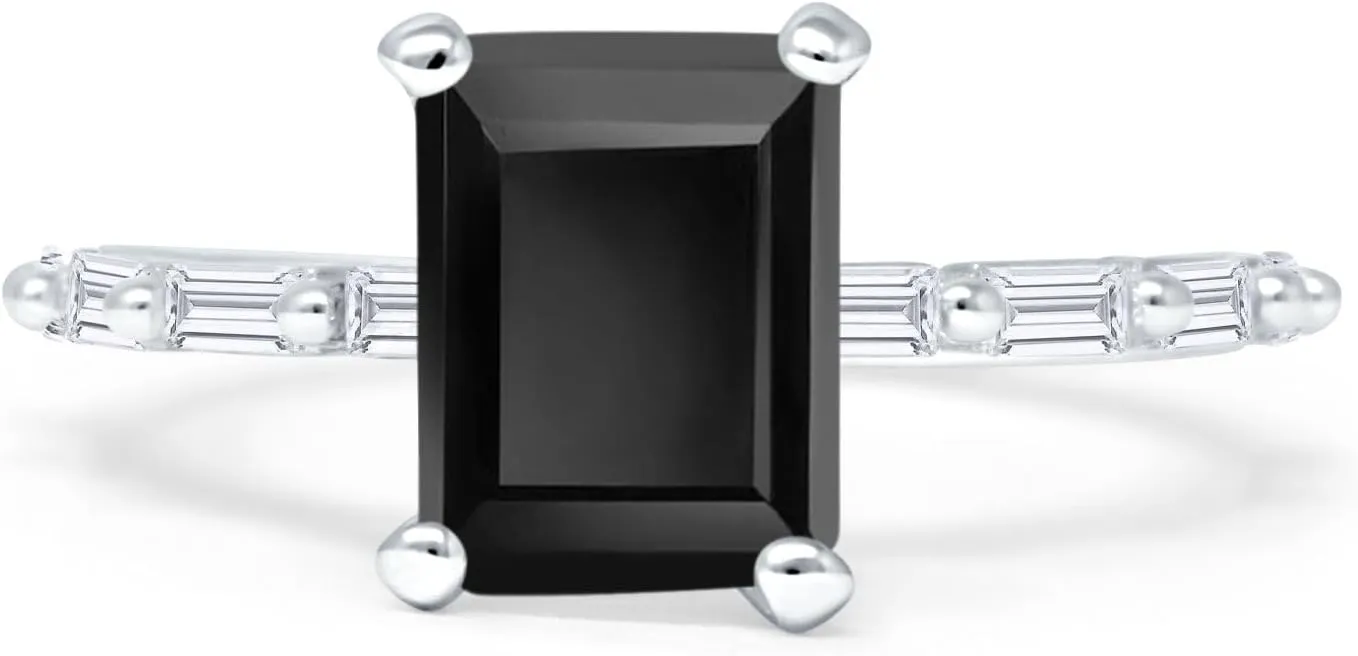 Art Deco Emerald Cut Natural Black Onyx Solitaire Vintage Style Sparkling Baguette Wedding Engagement Ring Solid 925 Sterling Silver